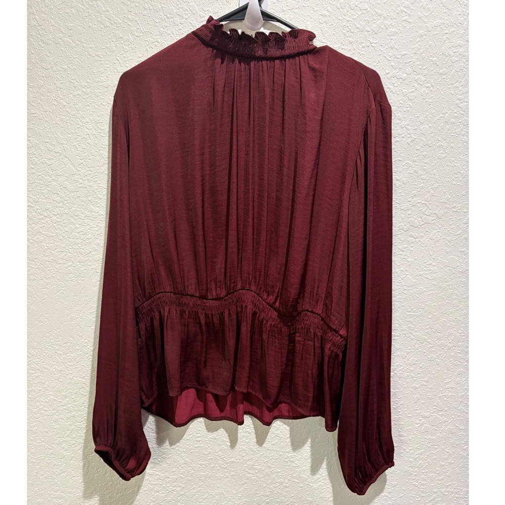 Nine West NWT Burgundy Mock Neck Ruffle Peplum Blouse Long Sleeve Women‎ Size XL